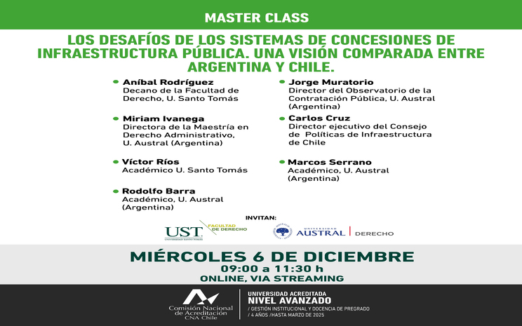 Derecho UST y Universidad Austral de Argentina invitan a Master Class: “Los desafíos de los sistemas de concesiones de infraestructura pública”